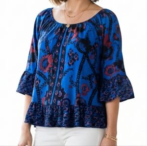 Style & Co. Floral Pattern Pullover Top Blue Red Medium